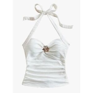 SOLY HUX Women's V Neck Halter Tops Open Back Y2k Ruched Floral Metal